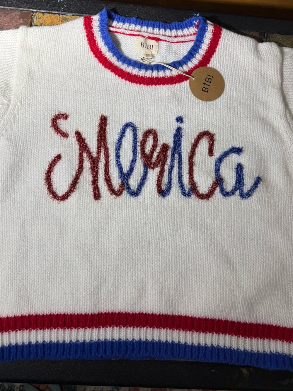 BIBI Women's White "America" Knit Sweater Short Sleeve Red Blue Trim Size XL - Picture 8 of 10